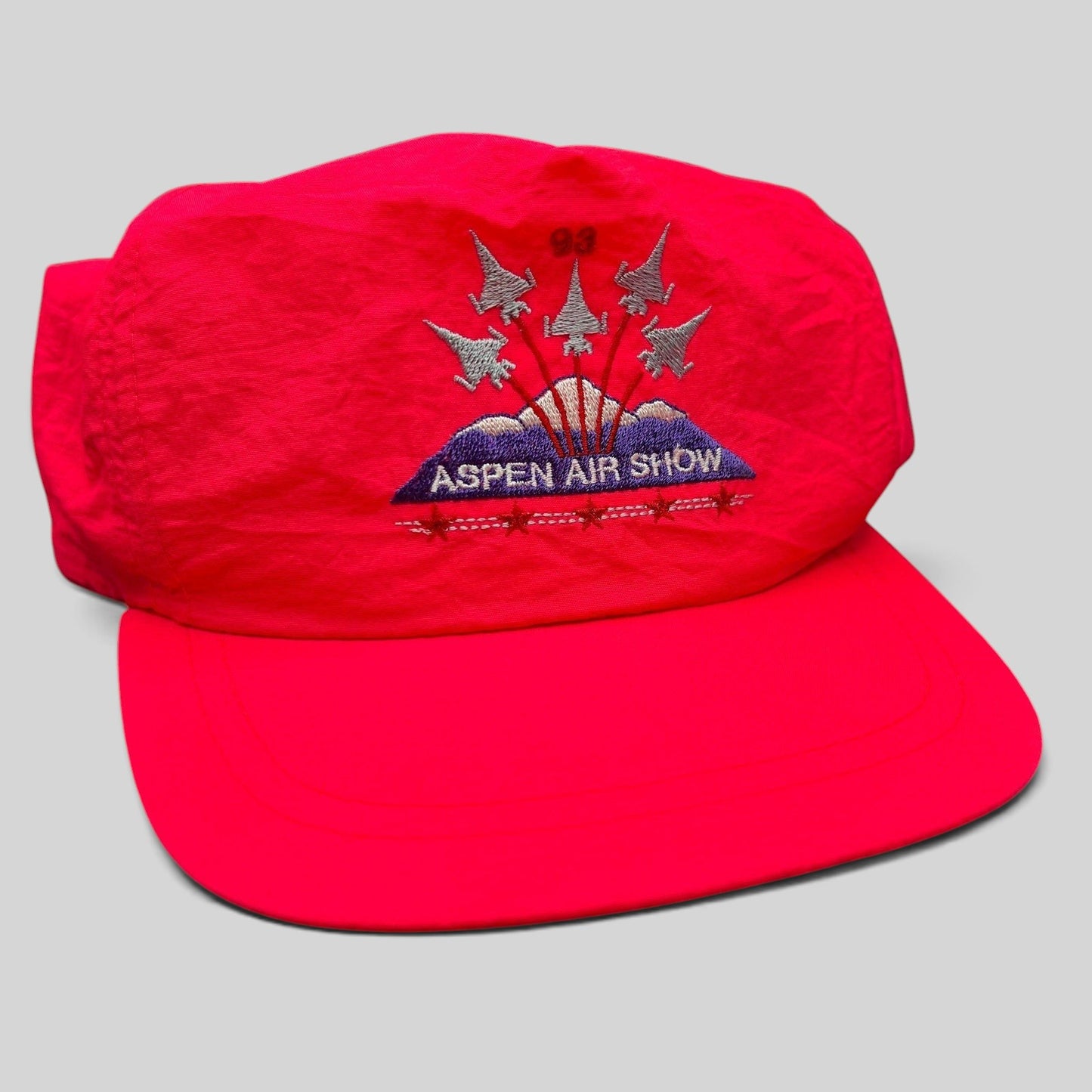 Raree Finds vintage 1993 Aspen Air Show neon red snapback hat with embroidered fighter jets and mountain graphic