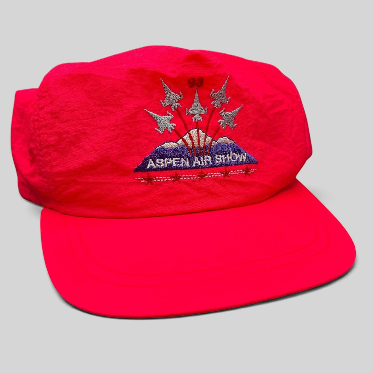 Raree Finds vintage 1993 Aspen Air Show neon red snapback hat with embroidered fighter jets and mountain graphic