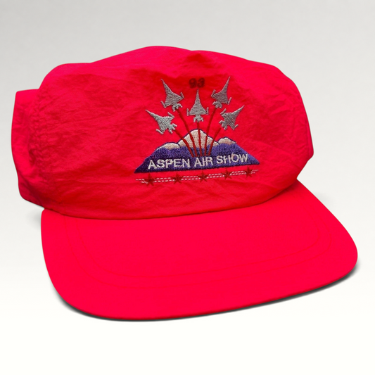 Raree Finds vintage 1993 Aspen Air Show neon red snapback hat with embroidered fighter jets and mountain graphic