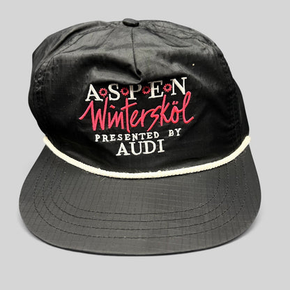 Raree Finds vintage black ripstop nylon Aspen Wintersköl Audi snapback hat with white rope and pink embroidered logo