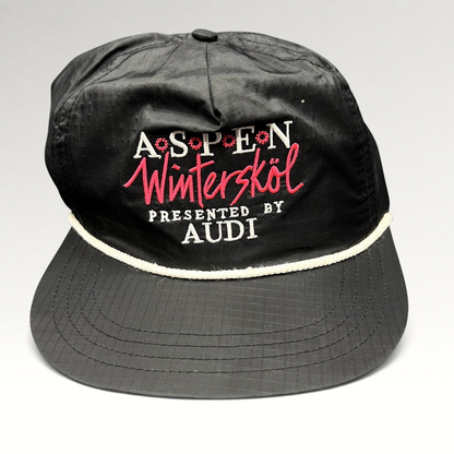 Raree Finds vintage black ripstop nylon Aspen Wintersköl Audi snapback hat with white rope and pink embroidered logo