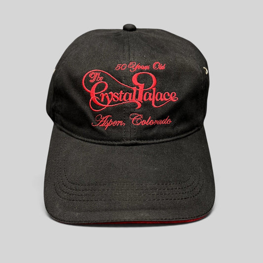 Raree Finds vintage black cotton strapback hat with red embroidered The Crystal Palace Aspen Colorado anniversary logo