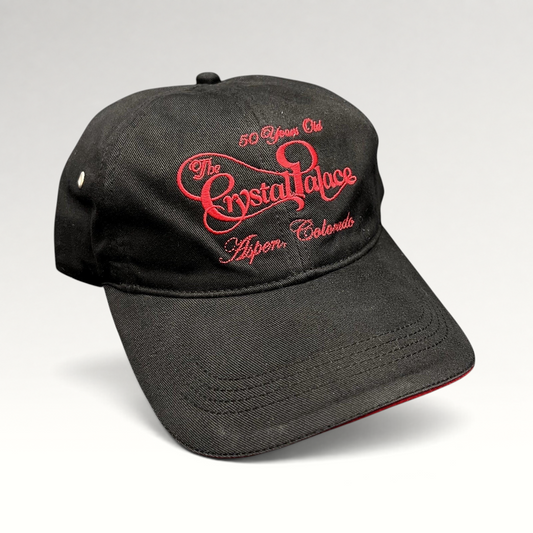 Raree Finds vintage black cotton strapback hat with red embroidered The Crystal Palace Aspen Colorado anniversary logo