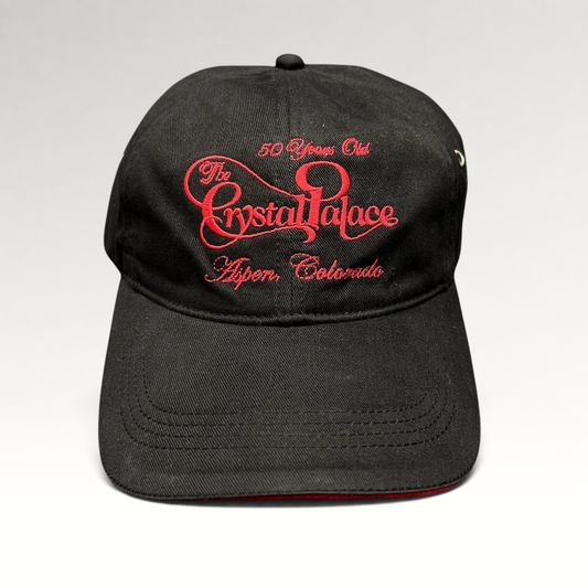 Raree Finds vintage black cotton strapback hat with red embroidered The Crystal Palace Aspen Colorado logo