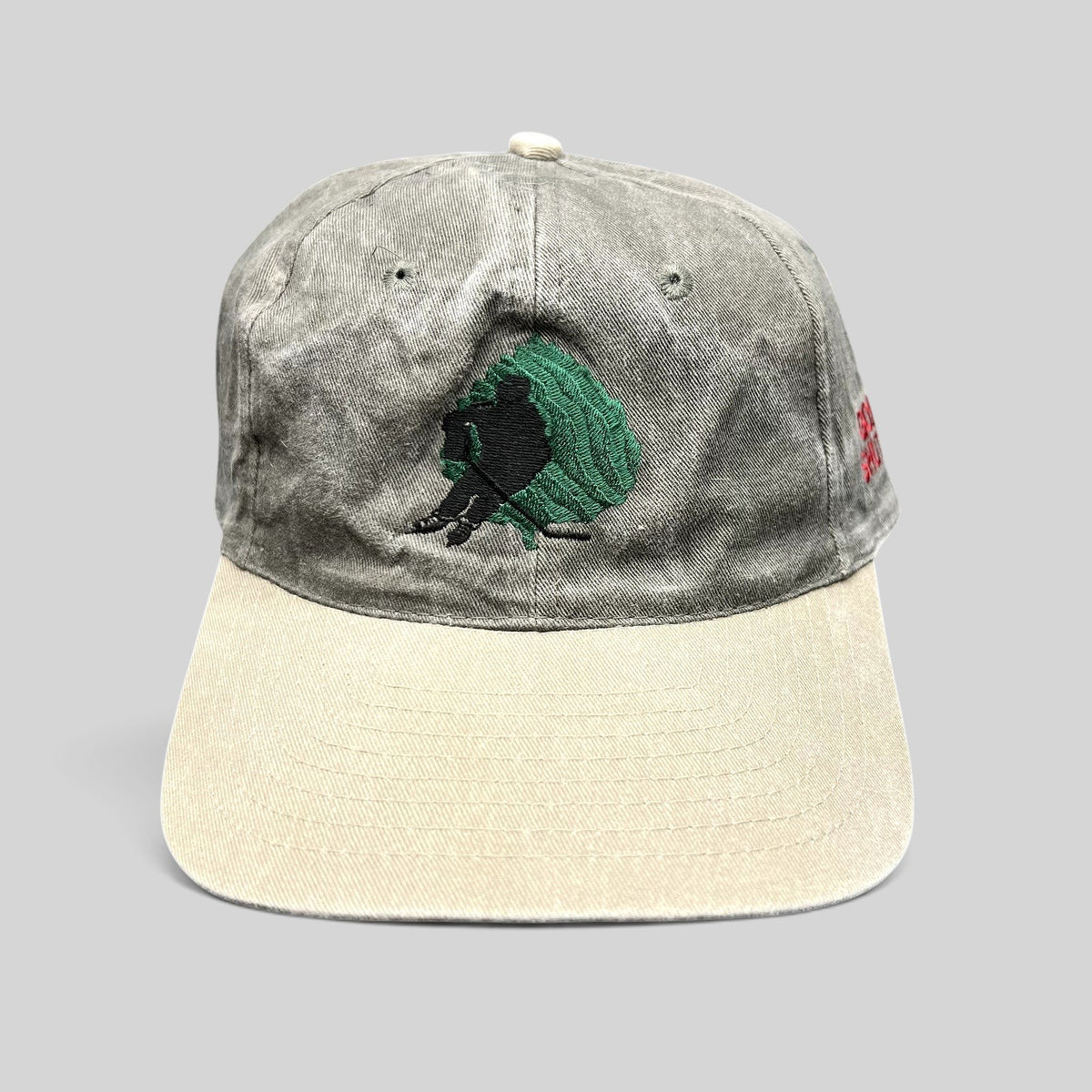 Raree Finds vintage Aspen Fall Face Off hockey strapback hat with olive gray crown, khaki brim, and goalie embroidery.