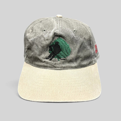 Raree Finds vintage Aspen Fall Face Off hockey strapback hat with olive gray crown, khaki brim, and goalie embroidery.