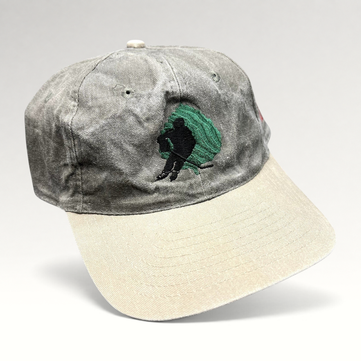 Raree Finds vintage Aspen Fall Face Off hockey strapback hat with olive gray crown, khaki brim, and goalie logo.