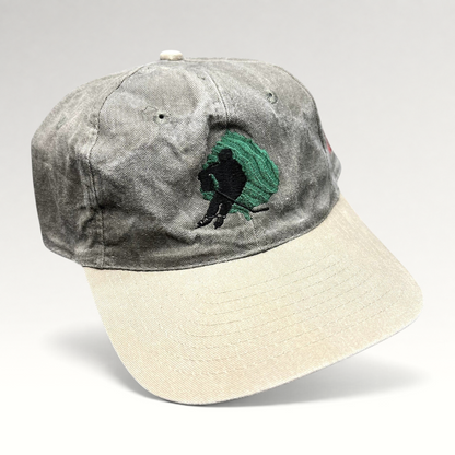 Raree Finds vintage Aspen Fall Face Off hockey strapback hat with olive gray crown, khaki brim, and goalie logo.