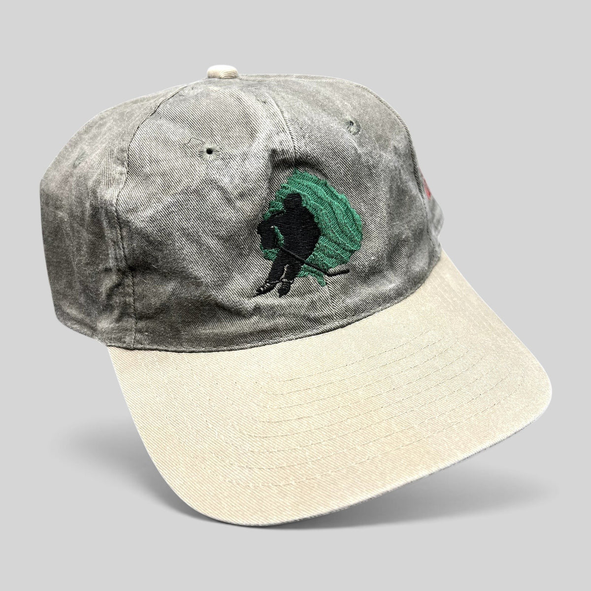 Raree Finds vintage Aspen Fall Face Off hockey strapback hat in olive gray and khaki with embroidered goalie logo