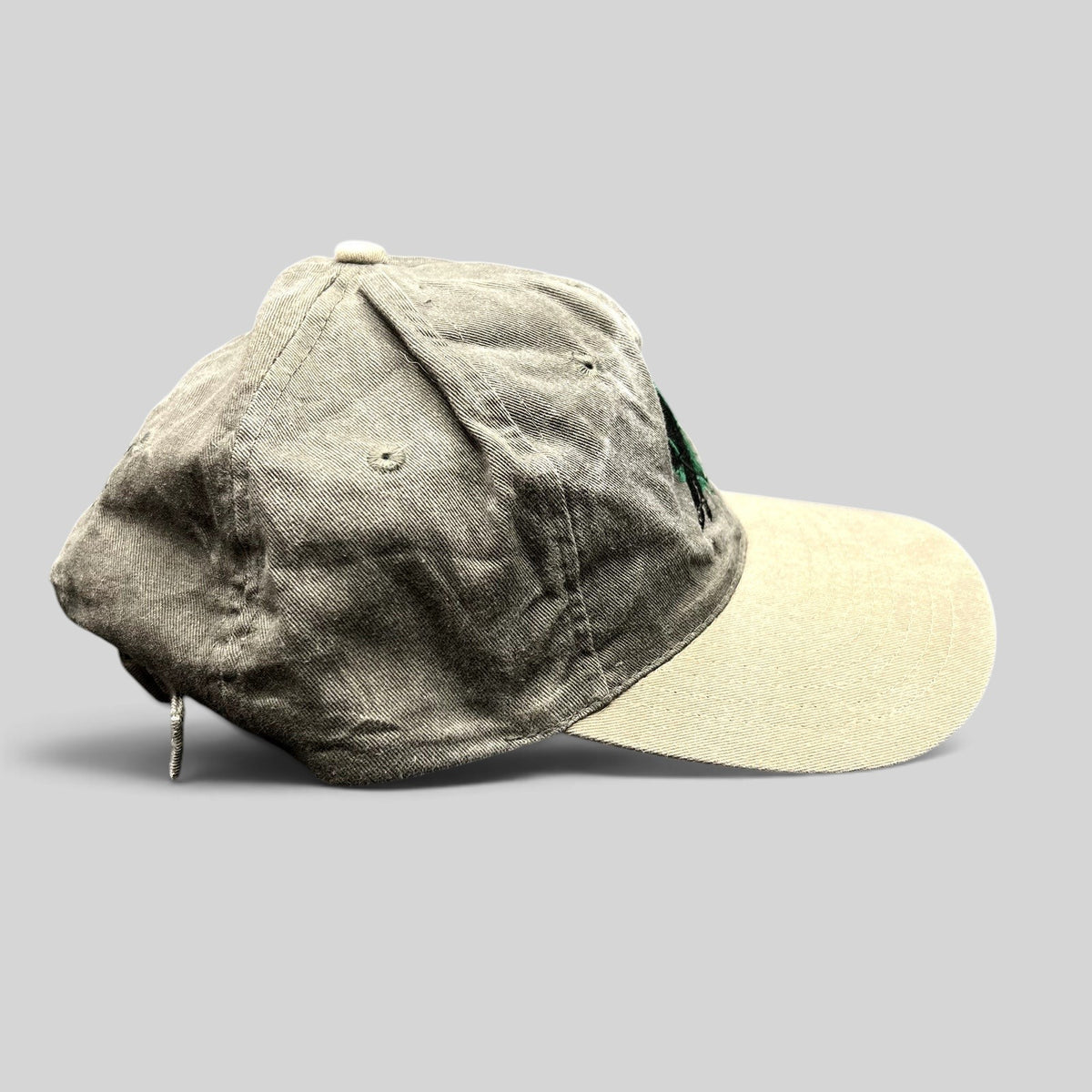 Raree Finds vintage Aspen Fall Face Off hockey strapback hat in olive gray and khaki with goalie embroidery