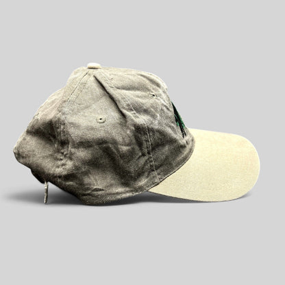 Raree Finds vintage Aspen Fall Face Off hockey strapback hat in olive gray and khaki with goalie embroidery