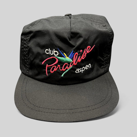 Raree Finds vintage Club Paradise Aspen black nylon strapback hat with colorful neon embroidered resort logo