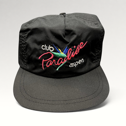 Raree Finds vintage Club Paradise Aspen black nylon strapback hat with colorful neon embroidered resort logo
