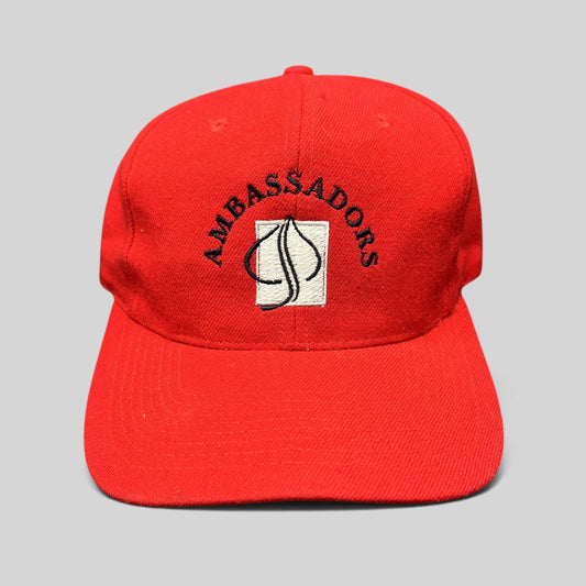 Raree Finds vintage red wool blend Aspen Ambassadors snapback hat with embroidered logo and green undervisor