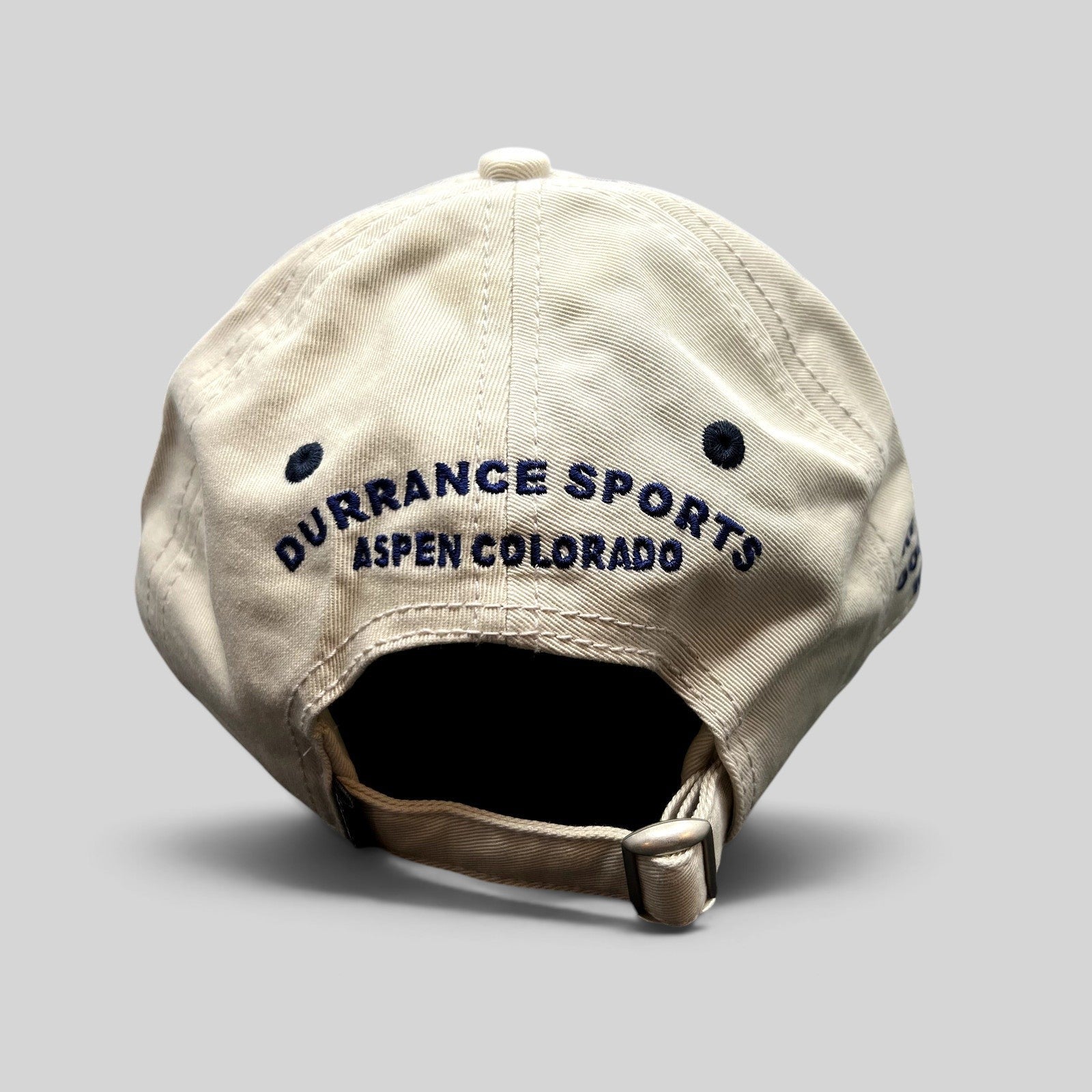 Raree Finds vintage beige cotton strapback hat with Durrance Sports Aspen Colorado embroidery on the back