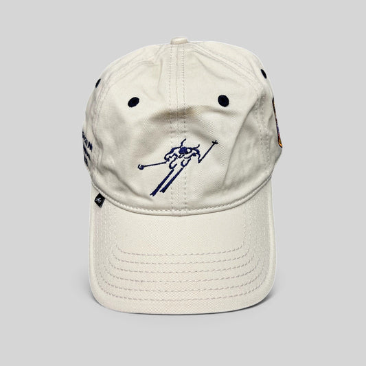 Raree Finds vintage cotton strapback hat featuring an embroidered skier logo and Aspen ski magazine branding.