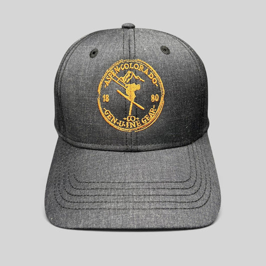 Raree Finds vintage black strapback hat with copper embroidered Aspen Colorado ski logo and mountain graphic
