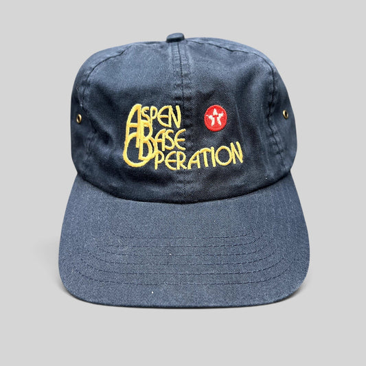 Raree Finds vintage navy cotton strapback hat with gold Aspen Base Operation embroidery and red ski resort logo