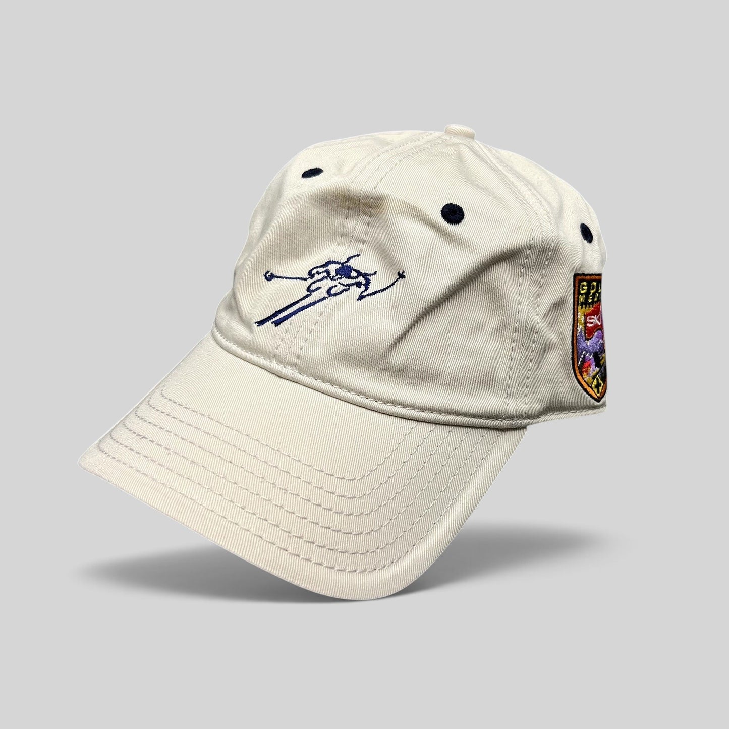 Raree Finds vintage cotton strapback hat with embroidered skier logo and Gold Medal patch in beige