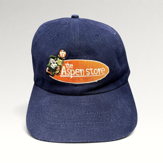Raree Finds vintage 90s navy blue strapback hat with embroidered The Aspen Store mountain mascot logo