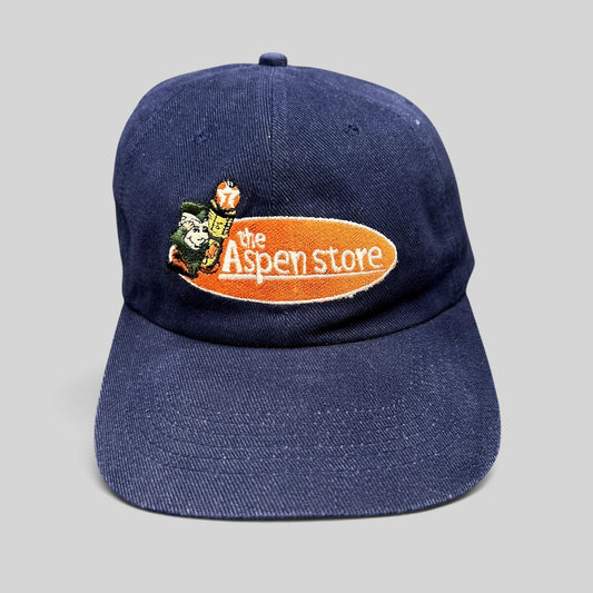 Raree Finds vintage 90s navy blue strapback hat with embroidered The Aspen Store mountain mascot logo