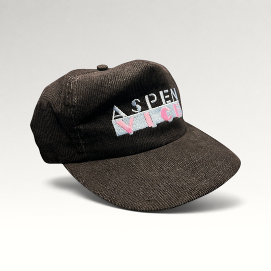 Raree Finds vintage 1980s black wide-wale corduroy snapback hat with pastel Aspen Vice embroidery