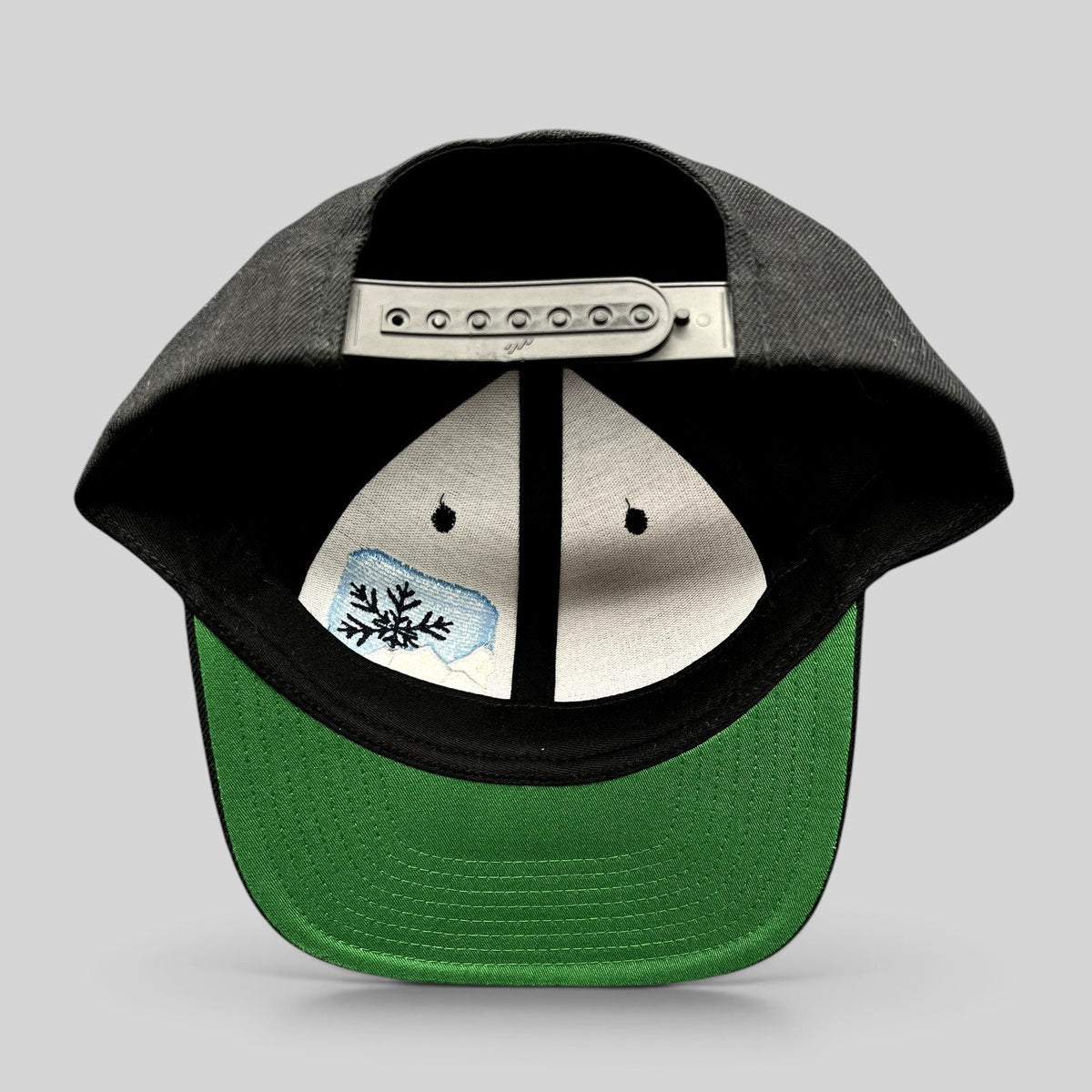 Raree Finds vintage Aspen Weather snapback hat showing the interior crown, embroidered snowflake logo, and green brim.