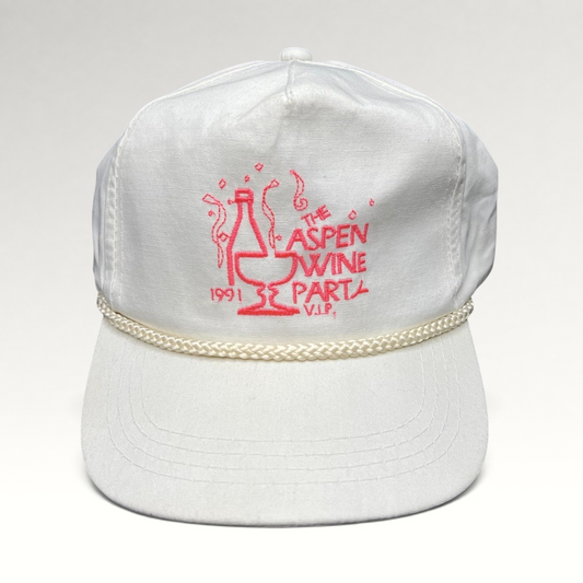 Raree Finds vintage 1991 Aspen Wine Party white strapback hat with pink graphic and decorative rope brim detail