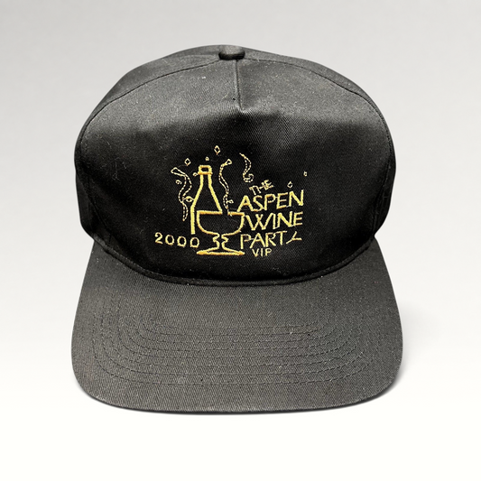 Raree Finds vintage 2000 Aspen Wine Party VIP black strapback hat with gold embroidered champagne bottle graphic