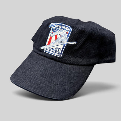 Raree Finds vintage 2002 Aspen Winternational navy strapback hat with embroidered Chevy Truck freestyle skier patch