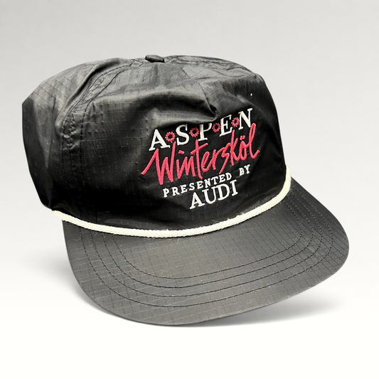 Raree Finds vintage black ripstop nylon snapback hat with white rope and Aspen Wintersköl Audi embroidery.