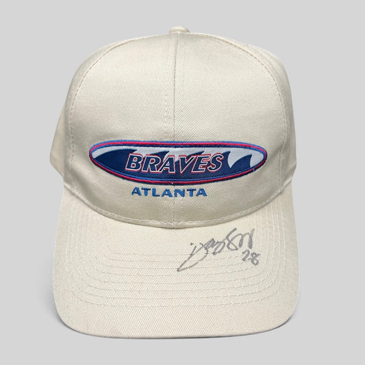 Raree Finds vintage Logo Athletic Atlanta Braves khaki cotton strapback hat with signed brim and #28 inscription