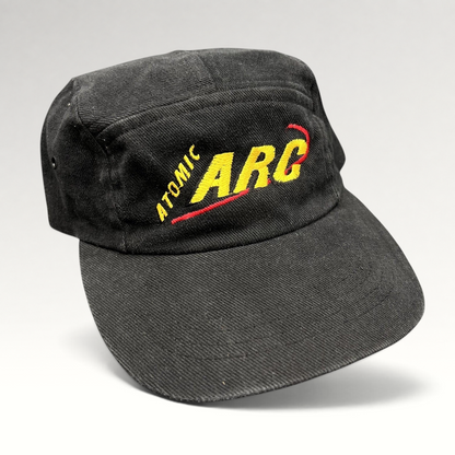 Raree Finds vintage black cotton Atomic ARC strapback hat with yellow and red embroidered logo