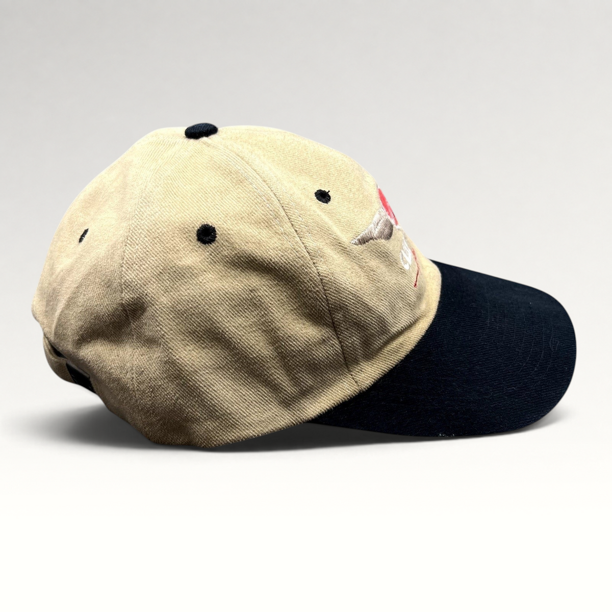 Raree Finds vintage Clay Lacy Aviation tan cotton cap with black brim and embroidered winged logo side profile view
