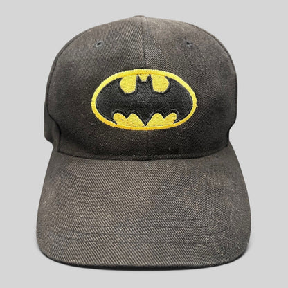 Raree Finds vintage black Batman strapback hat with embroidered yellow and black comic book logo on the front crown