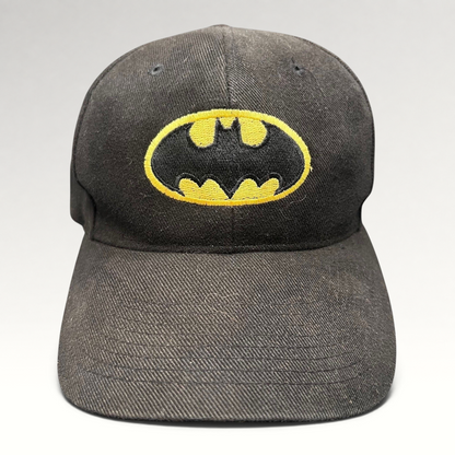 Raree Finds vintage black Batman strapback hat with embroidered yellow and black comic book logo on the front crown