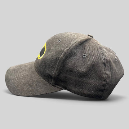 Raree Finds vintage black Batman strapback hat with yellow and black embroidered logo on the front