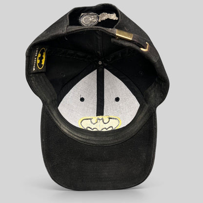 Raree Finds vintage Warner Bros Batman strapback hat in black with interior logo embroidery and metal buckle closure