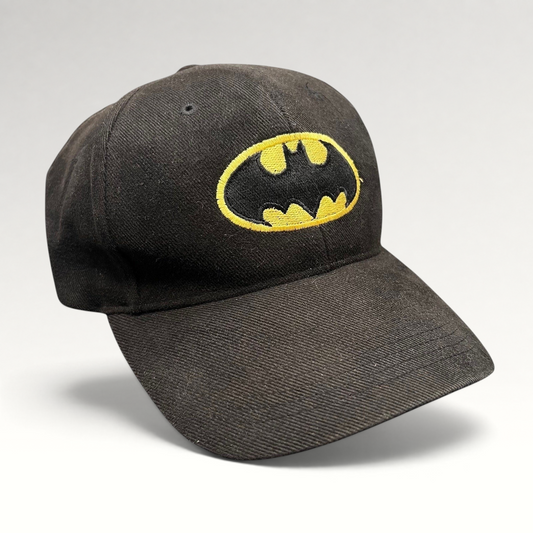 Raree Finds vintage black Batman strapback hat with embroidered yellow and black logo on the front crown