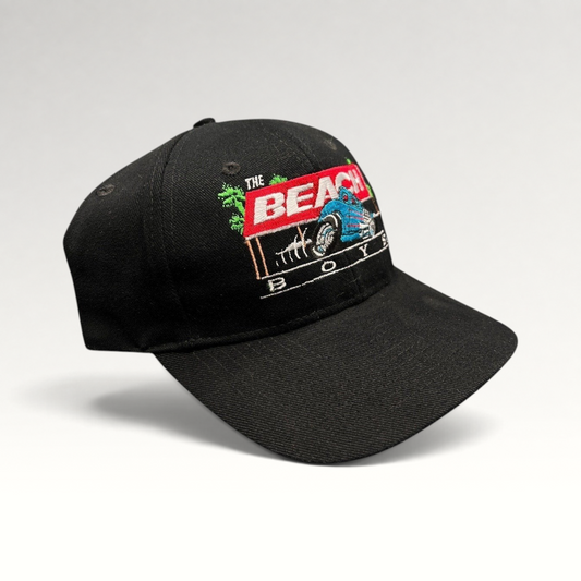 Raree Finds vintage 1990s black Beach Boys snapback hat with embroidered Little Deuce Coupe hot rod graphic
