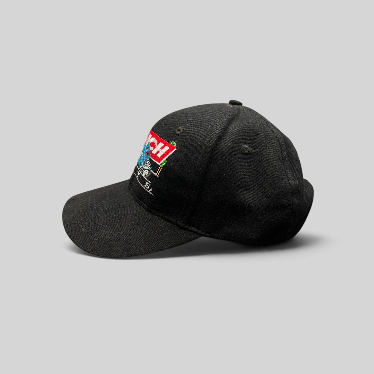 Raree Finds vintage 1990s black Beach Boys snapback hat with embroidered Little Deuce Coupe hot rod graphic