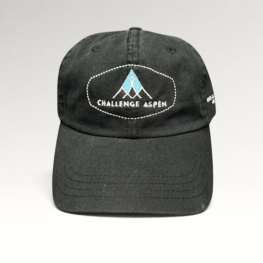 Raree Finds vintage black cotton Imperial strapback hat with Challenge Aspen logo embroidery on the front