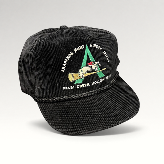 Raree Finds vintage black corduroy strapback hat with Arapahoe Hunt Hunter Trials and Plum Creek Hollow Farm embroidery