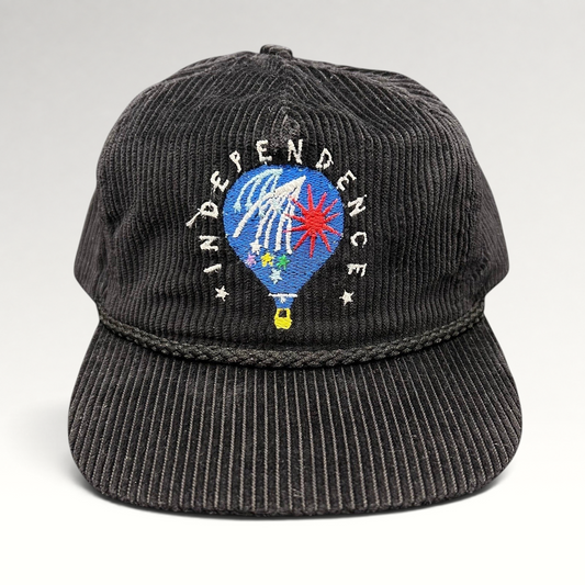 Raree Finds vintage black corduroy strapback hat with hot air balloon embroidery and rope brim detail