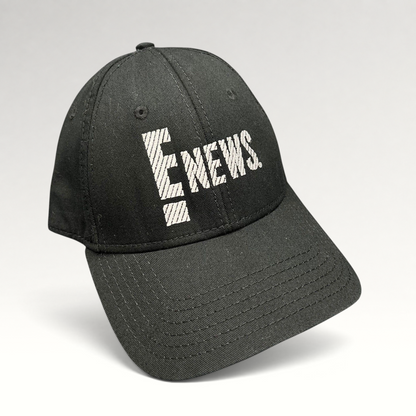 Raree Finds vintage black OTTO Cap snapback hat featuring an embroidered white E! News logo on the front