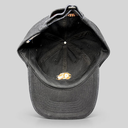 Raree Finds vintage black cotton strapback hat with orange FilmBazaar.com logo embroidery and adjustable buckle