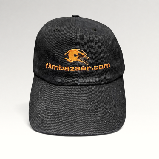 Raree Finds vintage black cotton strapback hat with orange FilmBazaar.com logo embroidery on the front