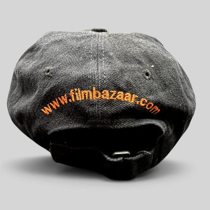 Raree Finds vintage black cotton strapback hat with orange FilmBazaar.com embroidery on the back and metal buckle