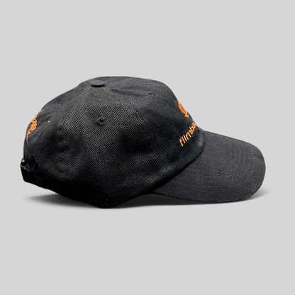 Raree Finds vintage black cotton strapback hat with orange FilmBazaar.com embroidery and adjustable leather strap.