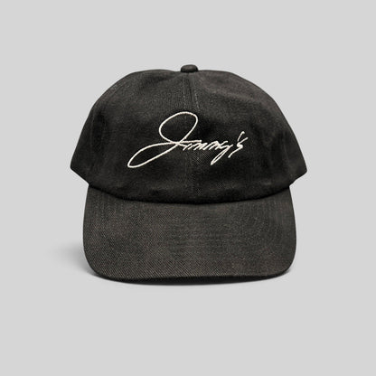 Raree Finds vintage black cotton strapback hat featuring white embroidered Jimmy's script logo on an unstructured crown